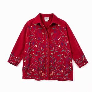 Brownstone Studio Red Cotton Embroidered Shirt Button Down L Western Boho Jacket